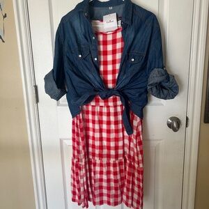 Red Checkered Dress with Denim Shirt 2XL